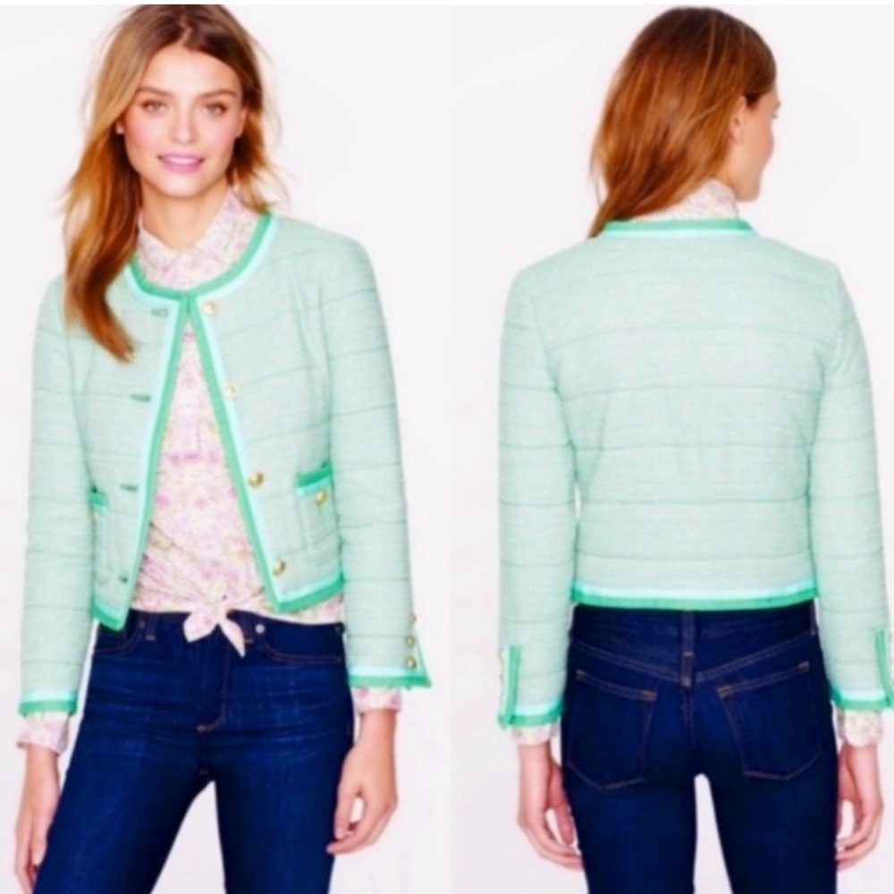 J. Crew Green and Turquoise Tweed Jacket Blazer Gold Buttons Padded, size 6